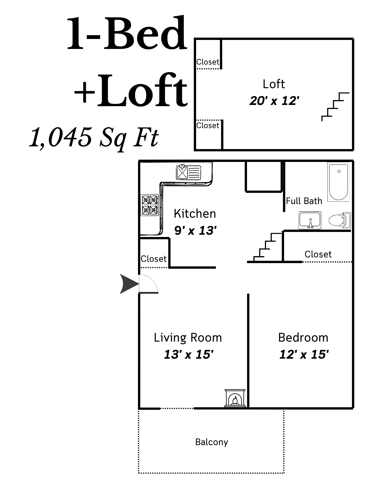 Floor plan for 1 bed, 1 bath, 1045 sqft